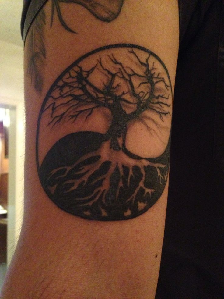 Tatuaje en el brazo, yin yang y un árbol en él