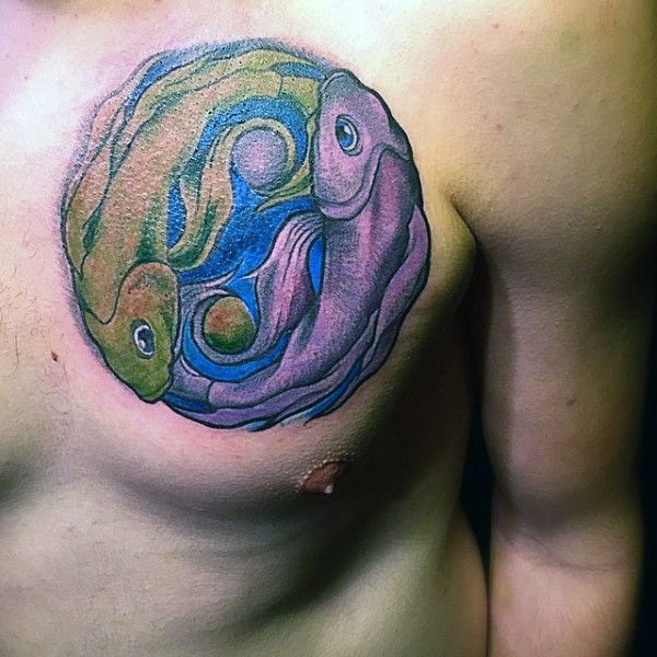 Yin Yang symbol shape colored Pisces chest tattoo in Asian style