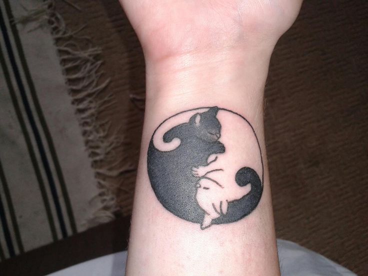Tatuaje en la mano, yin yang de gatos abrazados