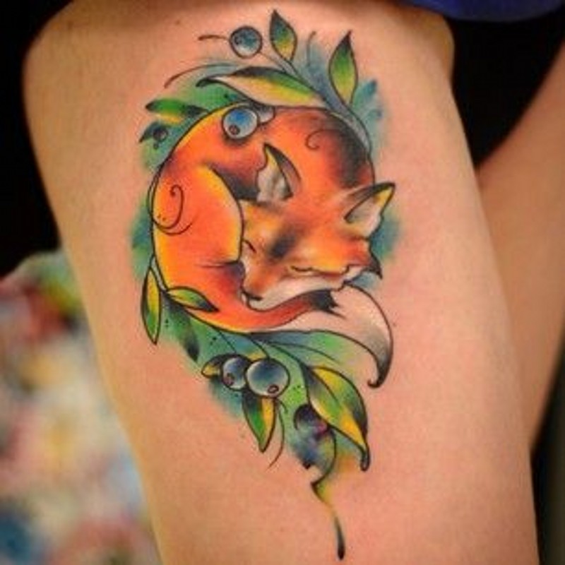 Ying Yang symbol shaped little colored fox tattoo on thigh