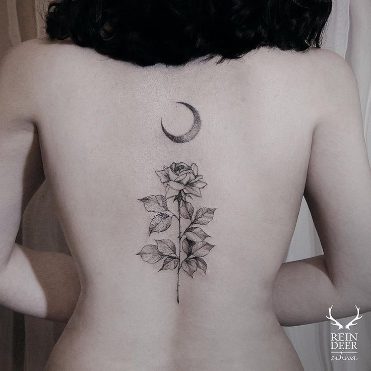 Zihwa style black ink back tattoo of rose with moon