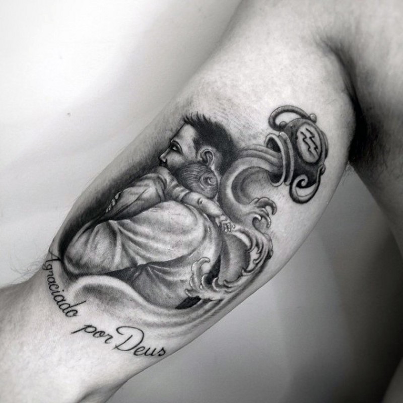 simbolo zodiacale a tema tenera  padre e figlio nero e bianco tatuaggio su braccio