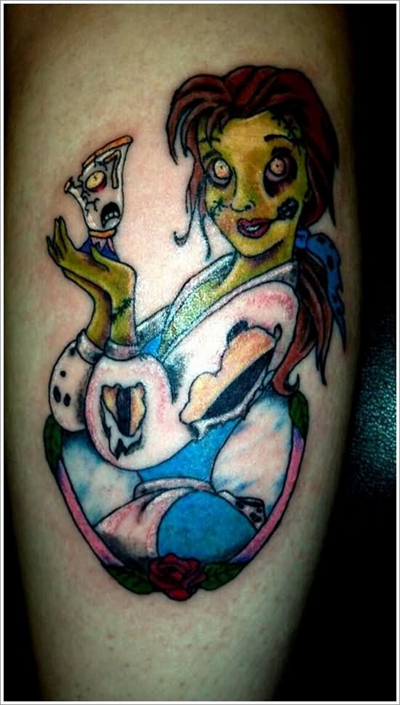 Zombie style fairy tale Cinderella creepy colored half framed tattoo in horror style